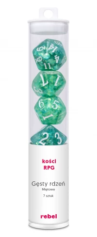 1. Komplet kości REBEL RPG - Gęsty rdzeń - Miętowe (białe cyfry)